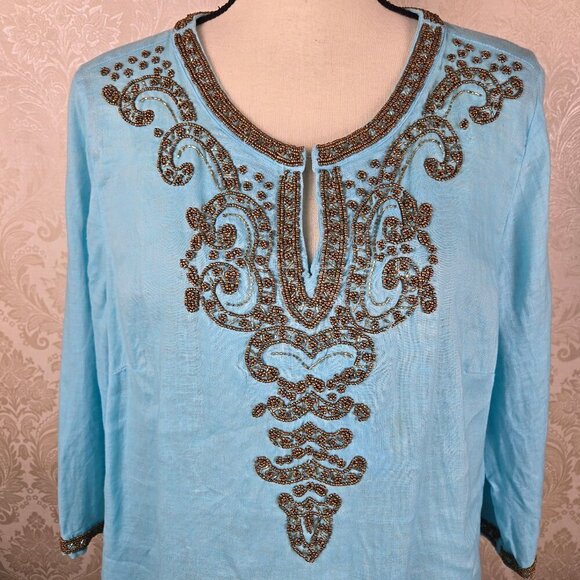 Chico's Size 2 (US Medium) Light Blue Tunic Gold Beaded 100% Linen 3/4 Sleeves - Picture 2 of 13